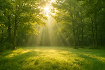 Naklejka premium Sunlight filtering through trees in a lush green forest