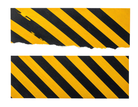 Two torn rectangular strips featuring yellow and black diagonal hazard stripes, stacked one above the other.