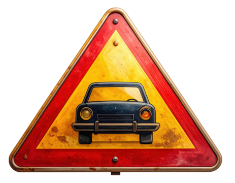 Triangular vintage road warning sign showing a front-view car icon with red border, yellow face, and worn rusty metal finish.