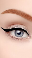 Obraz premium Close-up of a beautifully styled eye featuring dramatic eyeliner, long lashes, and captivating blue iris, showcasing makeup artistry and beauty trends in a striking visual presentation