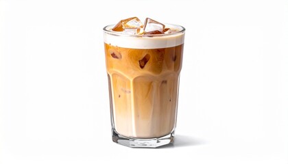 Cold glass of iced latte with layers of coffee milk ice cubes refreshing beverage drink isolated on white background

