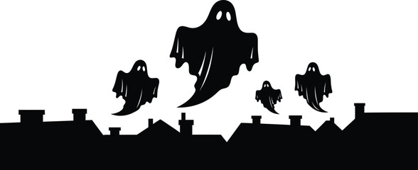 Silhouette of spooky ghosts flying over rooftops, perfect for halloween themes and eerie designs