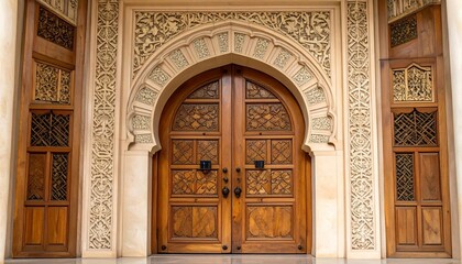 Obraz premium Intricate wooden doors with stone archway