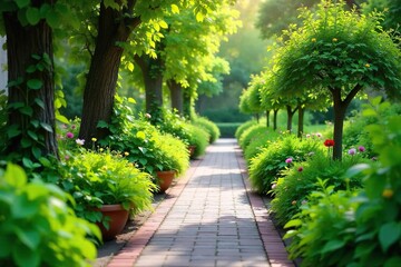 Fototapeta premium Lush green foliage overflowing from planters lines a charming walkway, creating a vibrant and inviting pathway Perfect for garden, landscaping, and nature themes , landscaping, trees