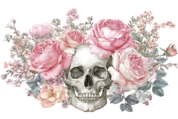Human Skull Adorned with Pink and Peach Roses and Flowers
