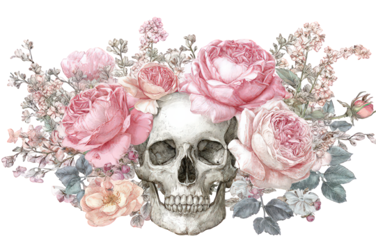 Human Skull Adorned with Pink and Peach Roses and Flowers - Powered by Adobe