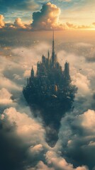 Futuristic city floating amidst clouds during a scenic sunset.