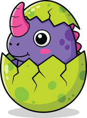 Cute baby dinosaur hatching from green egg, cartoon vector illustration, playful character design for kids, nursery, children’s book, decor