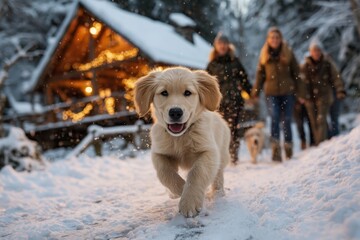 Golden Retriever Puppy Running in Snowy Winter Scene