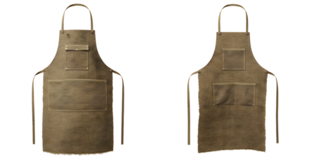 FARMING - Front and back view of brown leather apron with multiple pockets and neck strap, durable protective wear for crafts and cooking