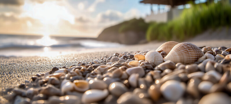 Close-up of beautiful seashells scattered on sandy beach