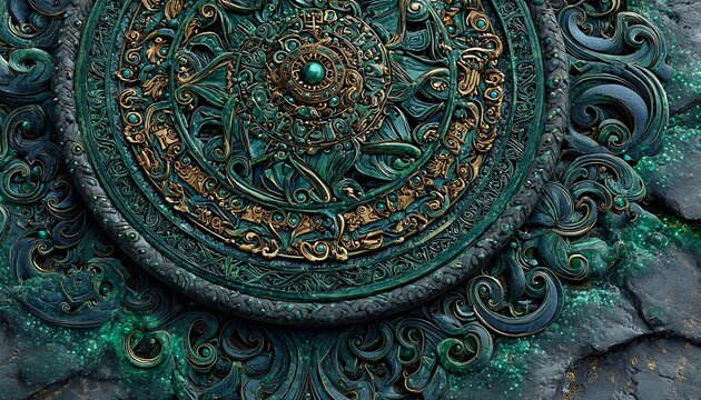 Runic glyph patterns with holographic teal shimmer on grunge stone texture