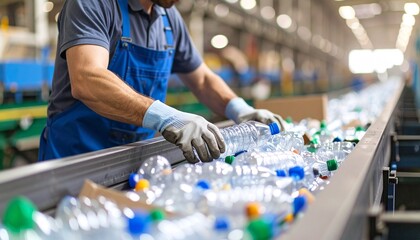 Recycling facility worker sorting plastics
