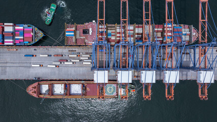 Aerial view container cargo ship international port terminal with gantry crane, Global business...