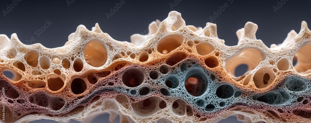 Poster a detailed macro image showcasing a porous, organic structure with intricate patterns and vibrant co