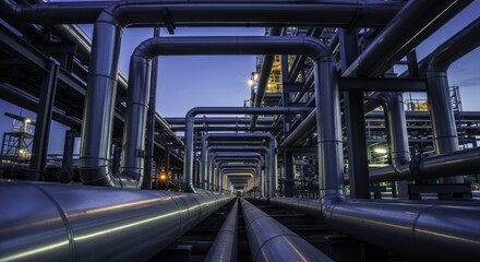 Extensive network of industrial pipelines and metal structures at a modern refinery or petrochemical plant during the blue hour, showcasing complex engineering and technology.