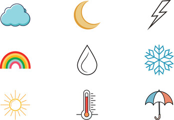 Collection cartoon weather icons including sun cloud moon rainbow lightning