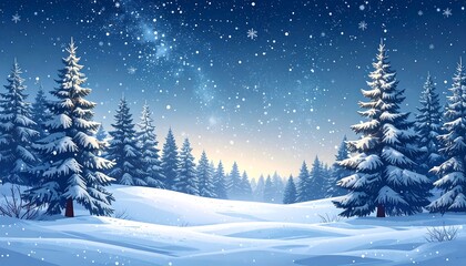 Snowy forest at sunrise, starry night