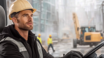 Construction worker focused on site while operating heavy machinery