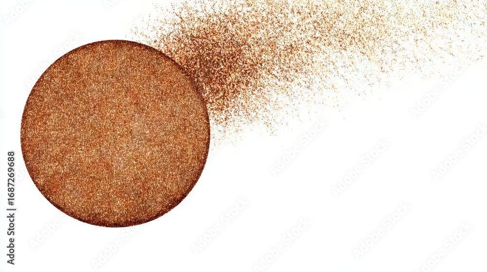 Poster circular shape made of brown glitter particles dispersing into the air, creating a dynamic visual ef