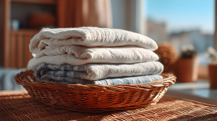 A stack of folded white cloth diapers in a wicker basket on a table.