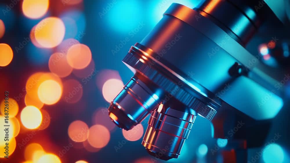 Aufkleber microscope lenses focusing light in laboratory setting with bokeh effect