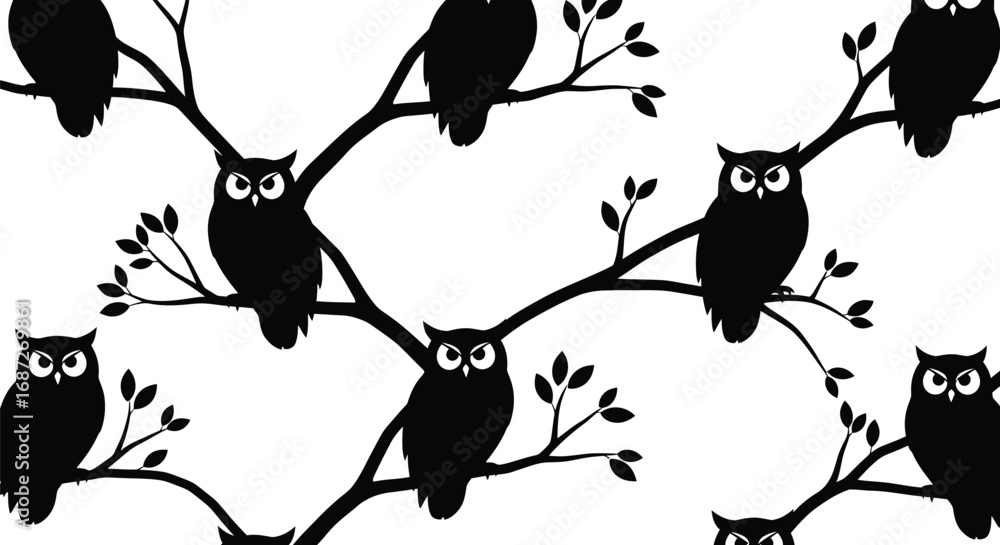Poster a whimsical pattern of black owls perched on branches, creating a charming and mysterious design