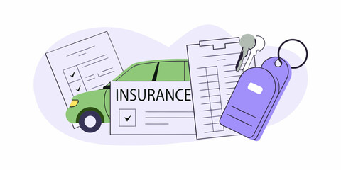 Car insurance policy document with keys and a green vehicle illustration