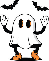 Halloween ghost illustration, cartoon spooky character, bats flying, festive costume, dancing pose, expressive design, cad drawing vector art