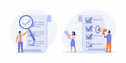 Team members reviewing and completing tasks on a checklist with a magnifying glass and megaphone