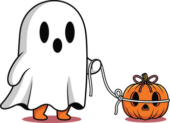 Halloween ghost illustration, cartoon character, jack-o'-lantern pet, festive costume, spooky pumpkin, playful scene, cad drawing vector art