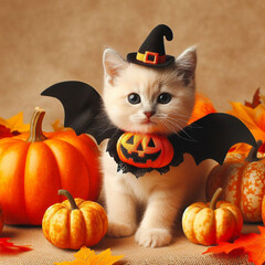 Charming cream-colored kitten in a Dracula costume with bat wings, playing among various toy pumpkins and crisp autumn leaves, against a warm beige background