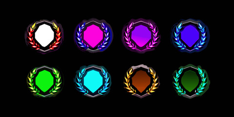 Set of eight colorful game badges with laurel wreath design for achievement and ranking in video games