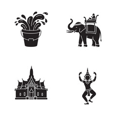 Vibrant Thai cultural icons showcasing a water splash, an elephant, a temple, and a traditional dancer.