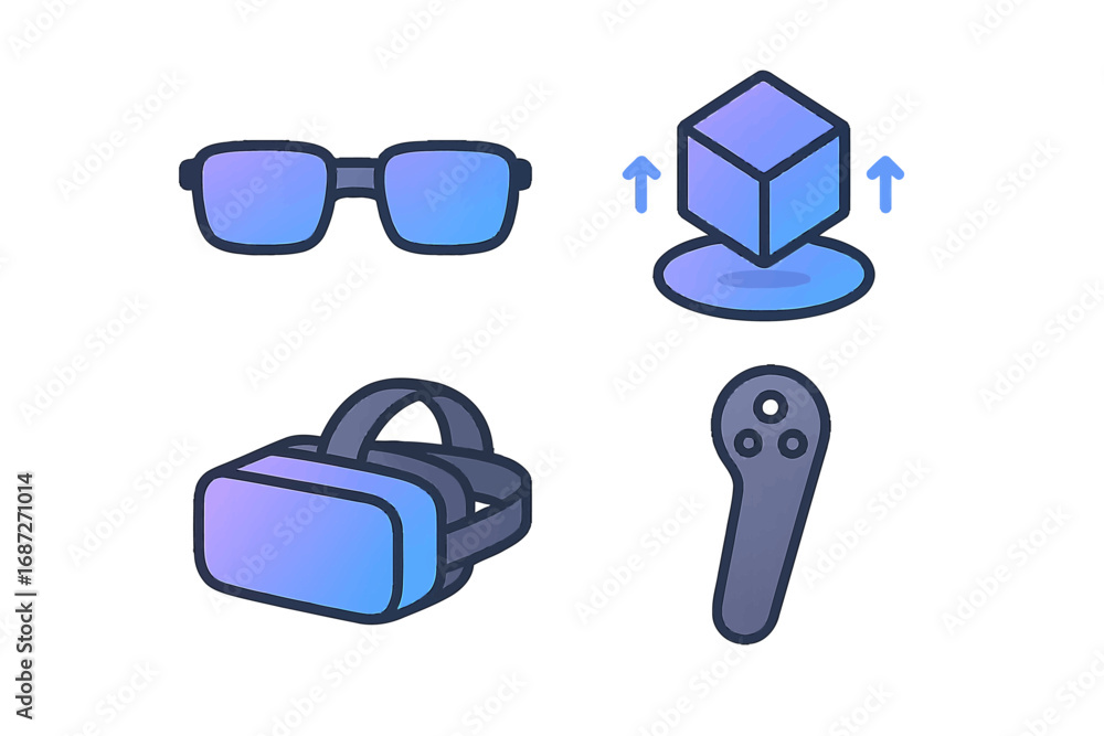 Poster virtual and augmented reality icon set with vr headset, smart glasses, controller, and 3d object pro