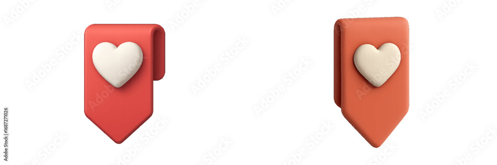 Poster set of red and orange bookmark icons with a heart symbol for saving favorite content or adding to a 