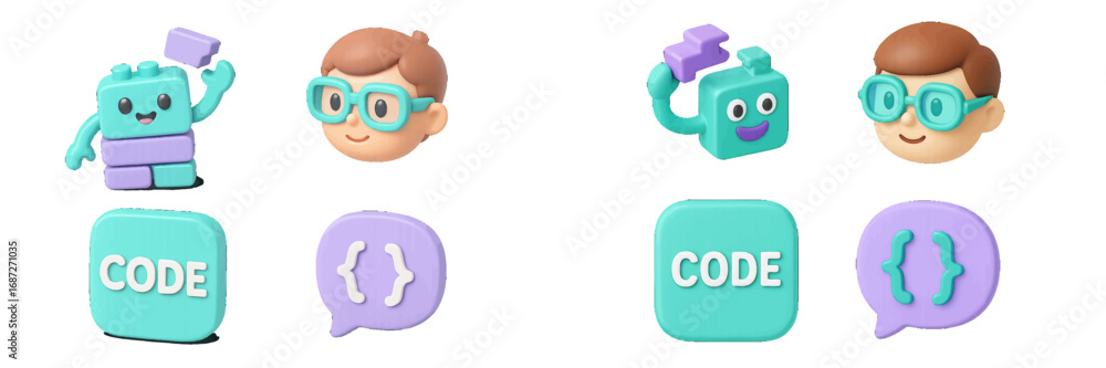 Poster set of coding and programming icons with a cute robot character, a boy with glasses, and speech bubb