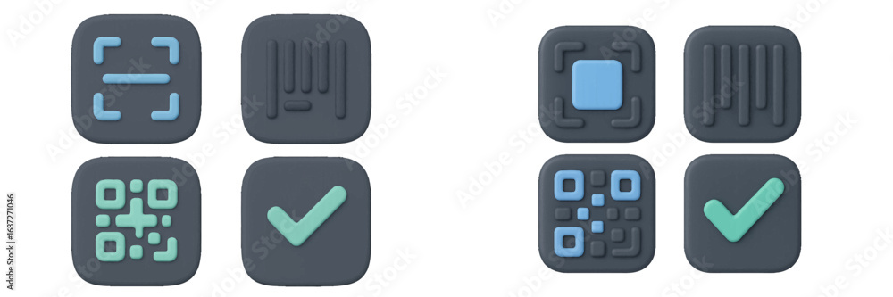 Poster 3d icon set with qr code, barcode, scanner, and checkmark for ui design and mobile applications on a