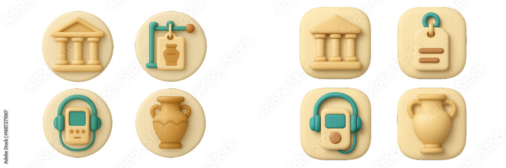 Poster set of 3d museum icons in a claymorphism style featuring a gallery building, audio guide, and ancien