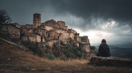 person watching ancient hilltop town