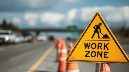 A caution sign indicating a work zone on a road, with construction cones lining the area and traffic in the background, highlighting safety during road work.