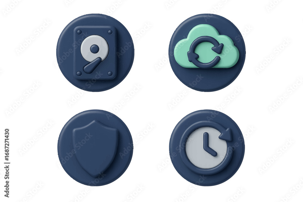 Poster 3d data backup and security icon set with cloud storage, hard drive, shield protection, and restore 