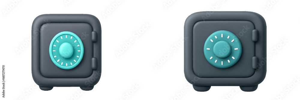 Poster set of two modern safe box icons with combination dial locks for concepts of finance, security, and 