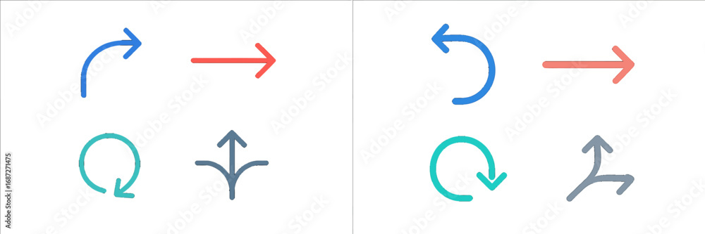 Poster set of colorful arrow icons for user interface design, including symbols for next, back, refresh, un