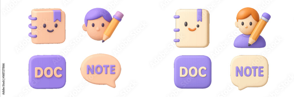 Poster set of 3d user interface icons for writing and notes featuring a cute character with a pencil, a smi