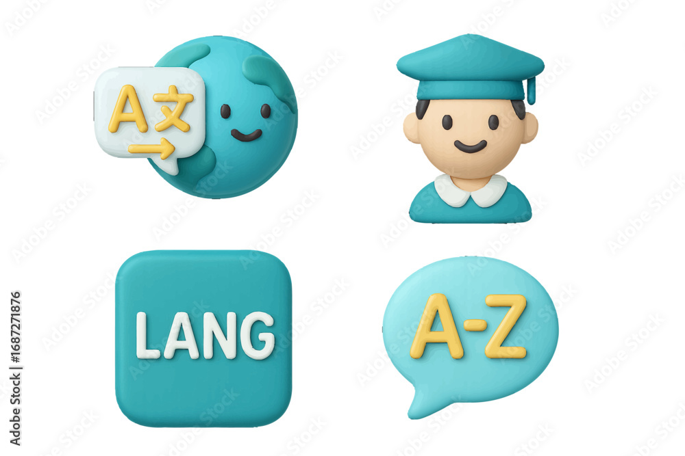 Poster 3d language learning and translation icon set with globe, student, and speech bubble symbols for edu