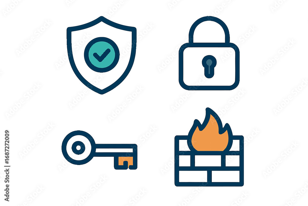 Poster cybersecurity icon set with shield, lock, key, and firewall symbols for data protection and network 