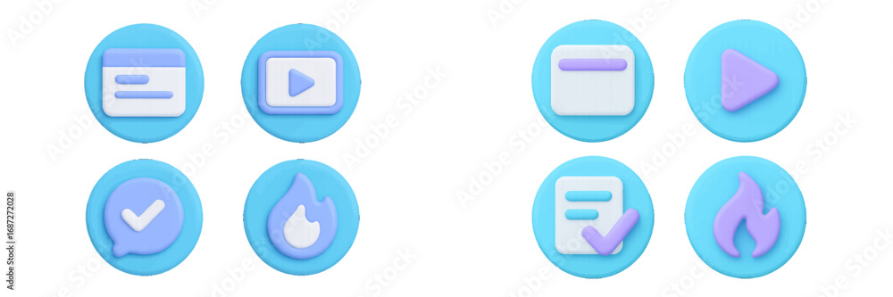 Poster a set of 3d icons for user interface design featuring a video play button, message checkmark, docume
