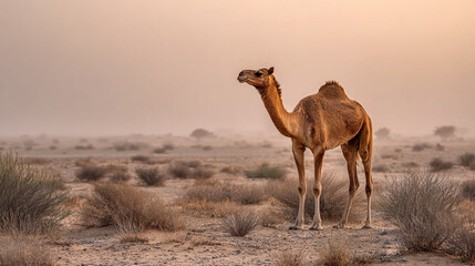 A lone camel standing in the desert landscape under a hazy and muted sky at daytime