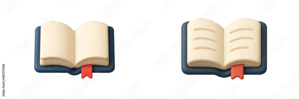 Poster 3d open book icon set for education and learning with blank pages and text lines isolated on a white